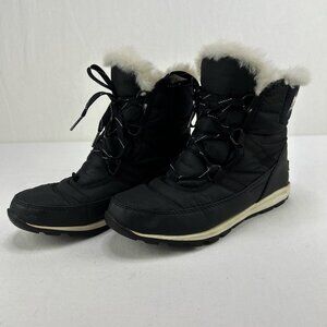 Sorel Whitney Faux Fur Short Winter Boots Sz 8 Black Waterproof Lace Up Snow
